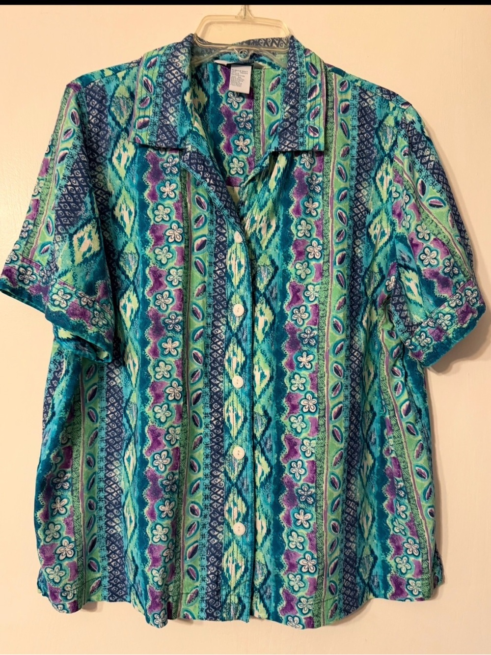 Koret City Blues Batik Teal, Green & Purple Short-Sleeve Button-Down Shirt Sz XL